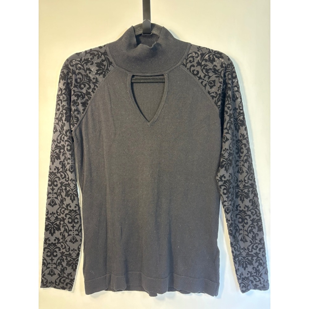 August Silk BLACK Lightweight Keyhole Sweater Lace Sleeves Sz S